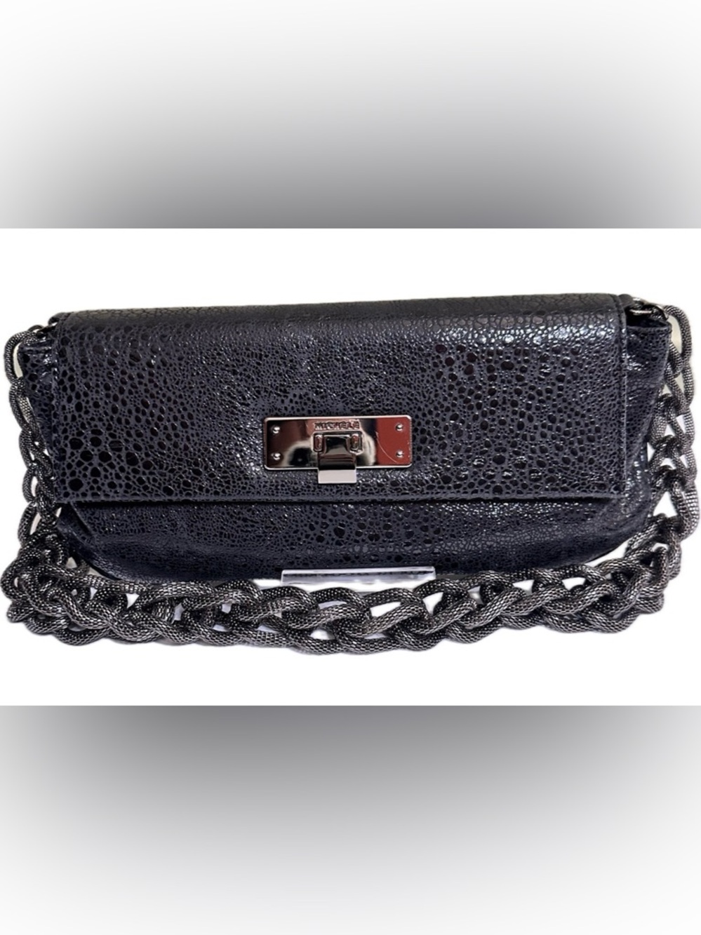 Michele Black Textured Leather  Shoulder Bag with Gunmetal Chain NEW.